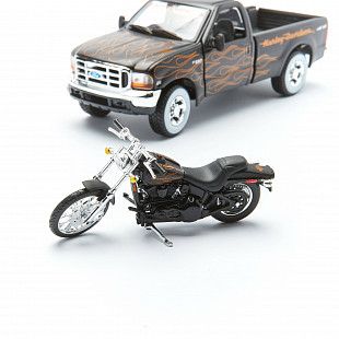 Масштабная модель автомобиля Maisto 1:24 HD Форд F-350 Супердьюти пикап (1999) с мотоциклом  (32181) black/orange