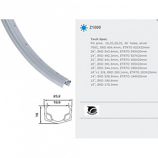 Обод одинарный Alexrims Z1000, 24"х20ммх36Н, A/V silver ZTB12189