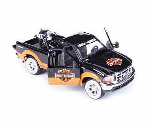 Масштабная модель автомобиля Maisto 1:24 HD Форд F-350 Супердьюти пикап (1999) с мотоциклом  (32172) black
