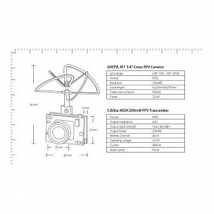 Курсовая видео камера Eachine для FPV полетов TX02 600TVL с передатчиком 5.8GHz 200mW