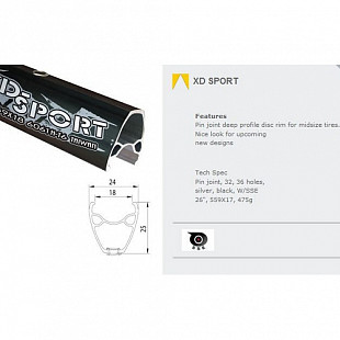 Обод двойной Alexrims XD SPORT 26"х18ммх36Н, A/V, D, SSE (МТВ) black ZTB12202