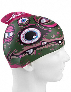 Шапочка для бассейна (плавания) детская Mad Wave Silicone Printed Junior with fin Monstra green/pink