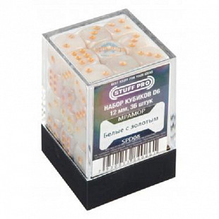 Набор кубиков D6 под мрамор Stuff-Pro 12 мм 36 шт SPD08 White/Gold SPD08