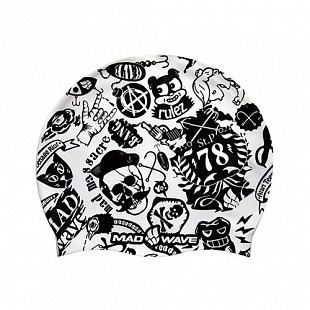 Шапочка для бассейна (плавания) детская Mad Wave 78 Silicone Printed Junior black/white