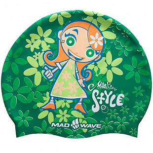 Шапочка для бассейна (плавания) детская Mad Wave Silicone Printed Junior Girl green
