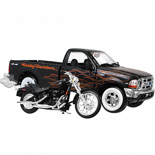 Масштабная модель автомобиля Maisto 1:24 HD Форд F-350 Супердьюти пикап (1999) с мотоциклом  в ассортименте (32181)