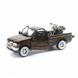 Масштабная модель автомобиля Maisto 1:24 HD Форд F-350 Супердьюти пикап (1999) с мотоциклом  (32181) black/orange