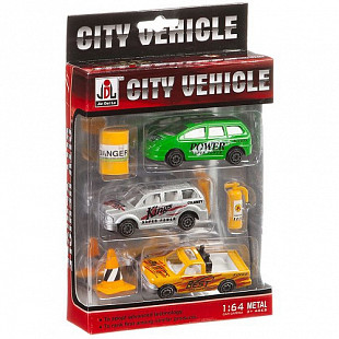 Набор металлических машин CITY VEHICLE 4 вида с дорожными знаками 89401 (3 шт)