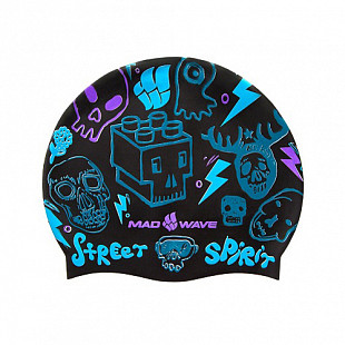 Шапочка для бассейна (плавания) взрослая Mad Wave Silicone Printed Street black