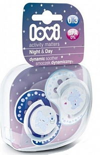 Пустышка силиконовая LOVI Night&Day симметричной формы, динамическая, 6-18 мес., 2 шт. (22/811boy)