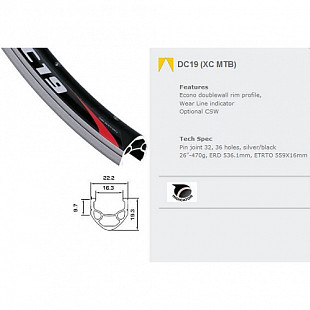 Обод двойной Alexrims DC19, 26"х16ммх36Н, A/V, CSW, индикатор износа (МТВ) black ZTB10029