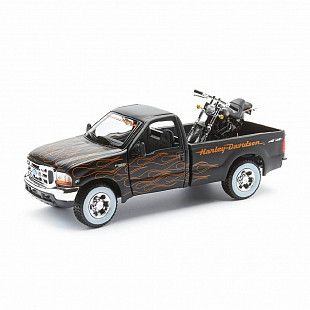 Масштабная модель автомобиля Maisto 1:24 HD Форд F-350 Супердьюти пикап (1999) с мотоциклом  (32181) black/orange