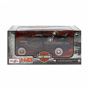 Масштабная модель автомобиля Maisto 1:24 HD Форд F-350 Супердьюти пикап (1999) с мотоциклом  (32181) black/orange
